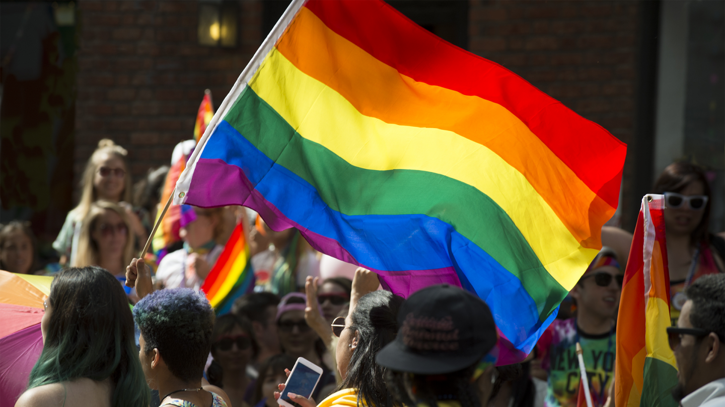 Orgulho LGBT pessoas numa passeada segurando bandeiras de arco-íris
