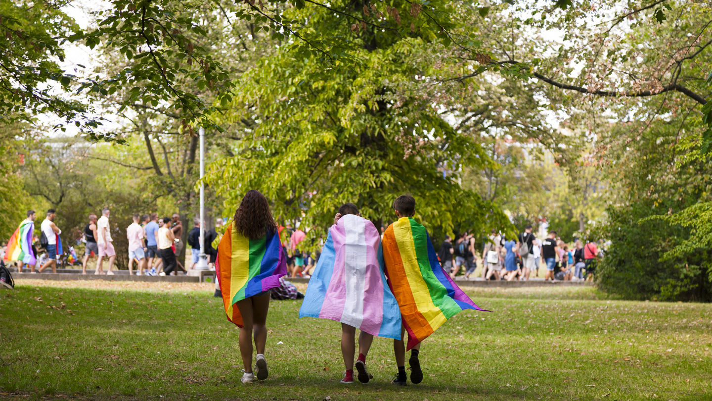Dia do Orgulho LGBT imagem com 3 pessoas segurando bandeiras sendo a do meio a bandeira trans