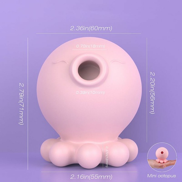 Sugador de clitóris e vibrador Kiss Baby S-Hande em fundo lilás com as dimensões detalhadas do produto.